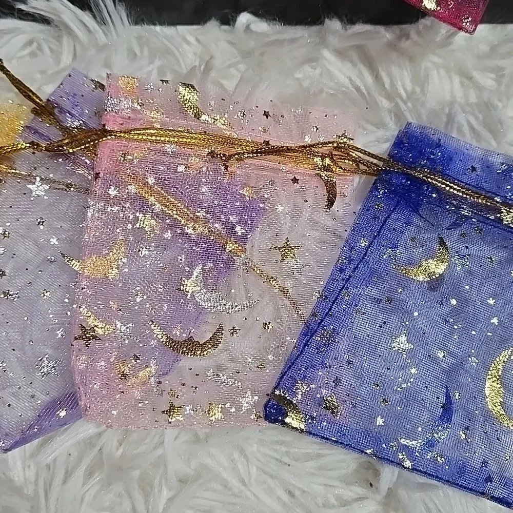 Sheer Organza Gift Bags Drawstring XSmall Metallic Stars Gold pink Colors Cinch